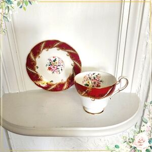 Red Paragon Tea cup And Saucer, Maroon red with Flowers, Red and Gold Tea cup